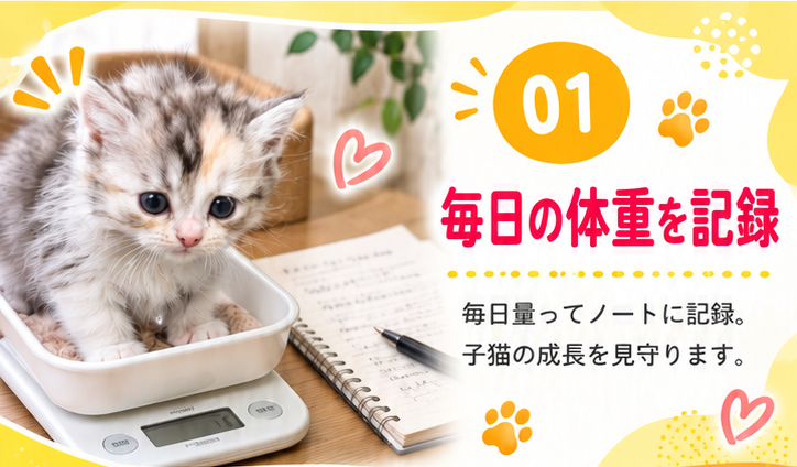 01 毎日の体重を記録 毎日量ってノートに記録。子猫の成長を見守ります。（トレーに入った子猫とノート）