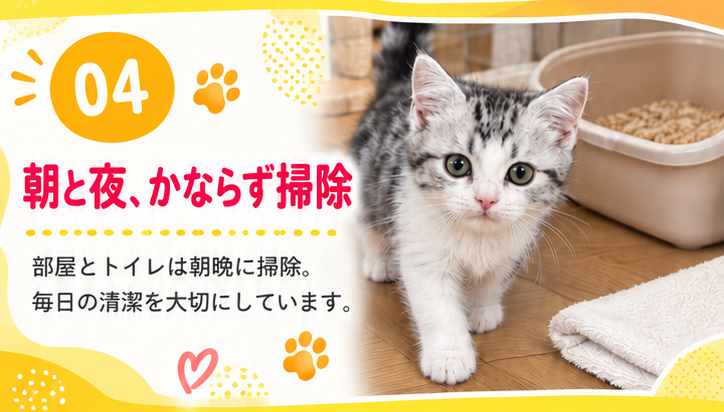 04 朝と夜、かならず掃除 部屋とトイレは朝晩に掃除。毎日の清潔を大切にしています。（トイレの前に立つ子猫）